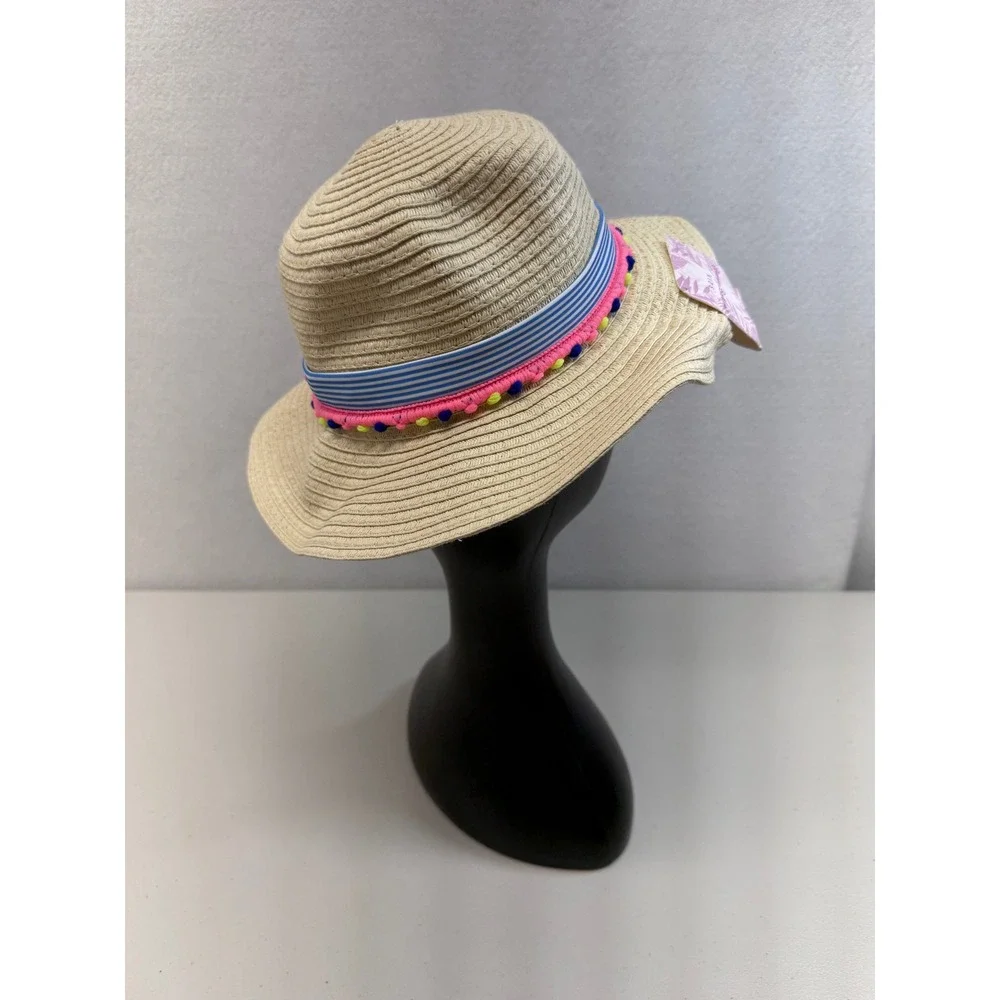 Tommy Bahama Kids Tan Straw Sun Hat Fedora Striped Pom Pom NWT New